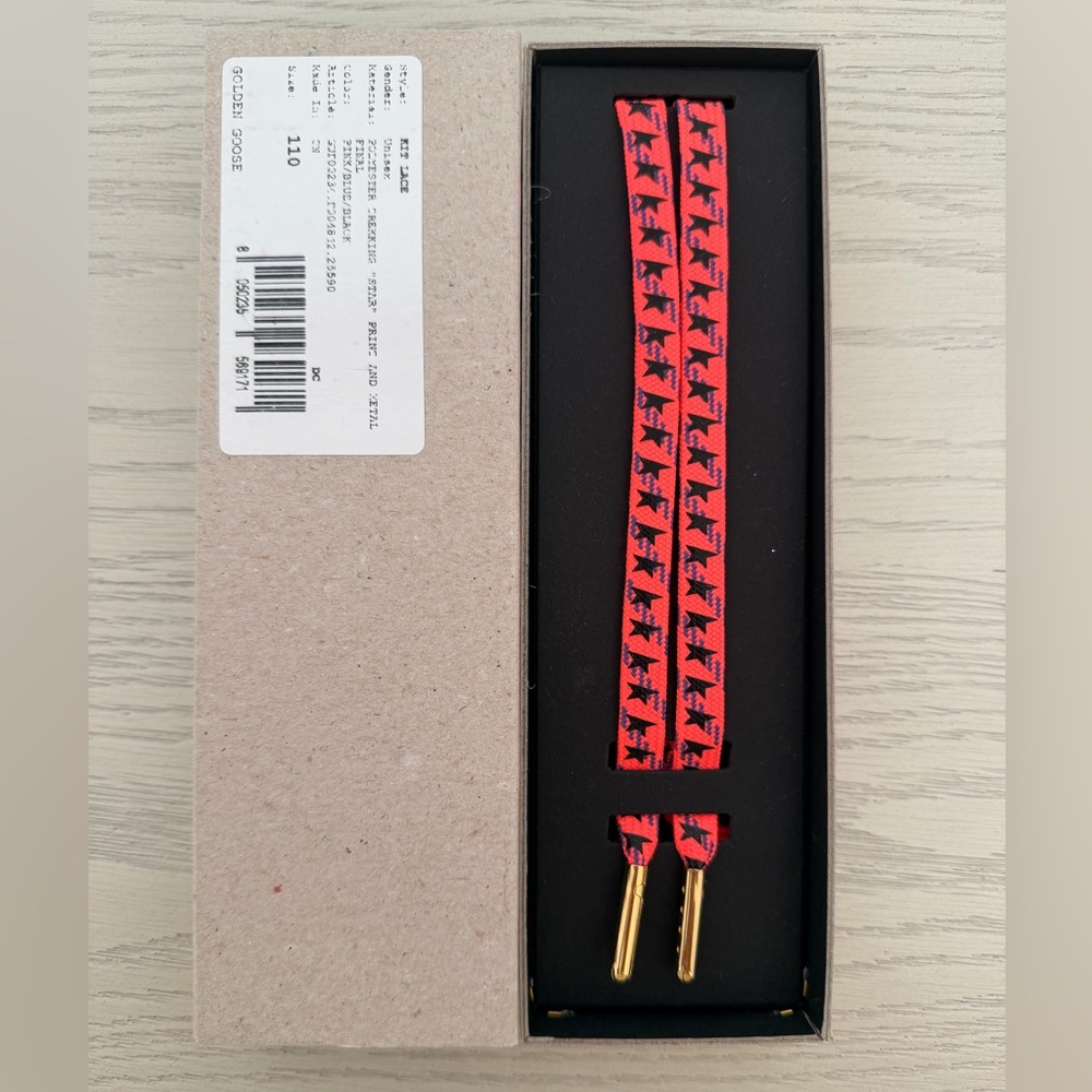 Golden Goose Pink, Blue and Black Star Print Shoelaces with Gold Tips